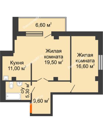 2 комнатная квартира 65,3 м² в ЖК Взлетная 7, дом 1-2 корпус